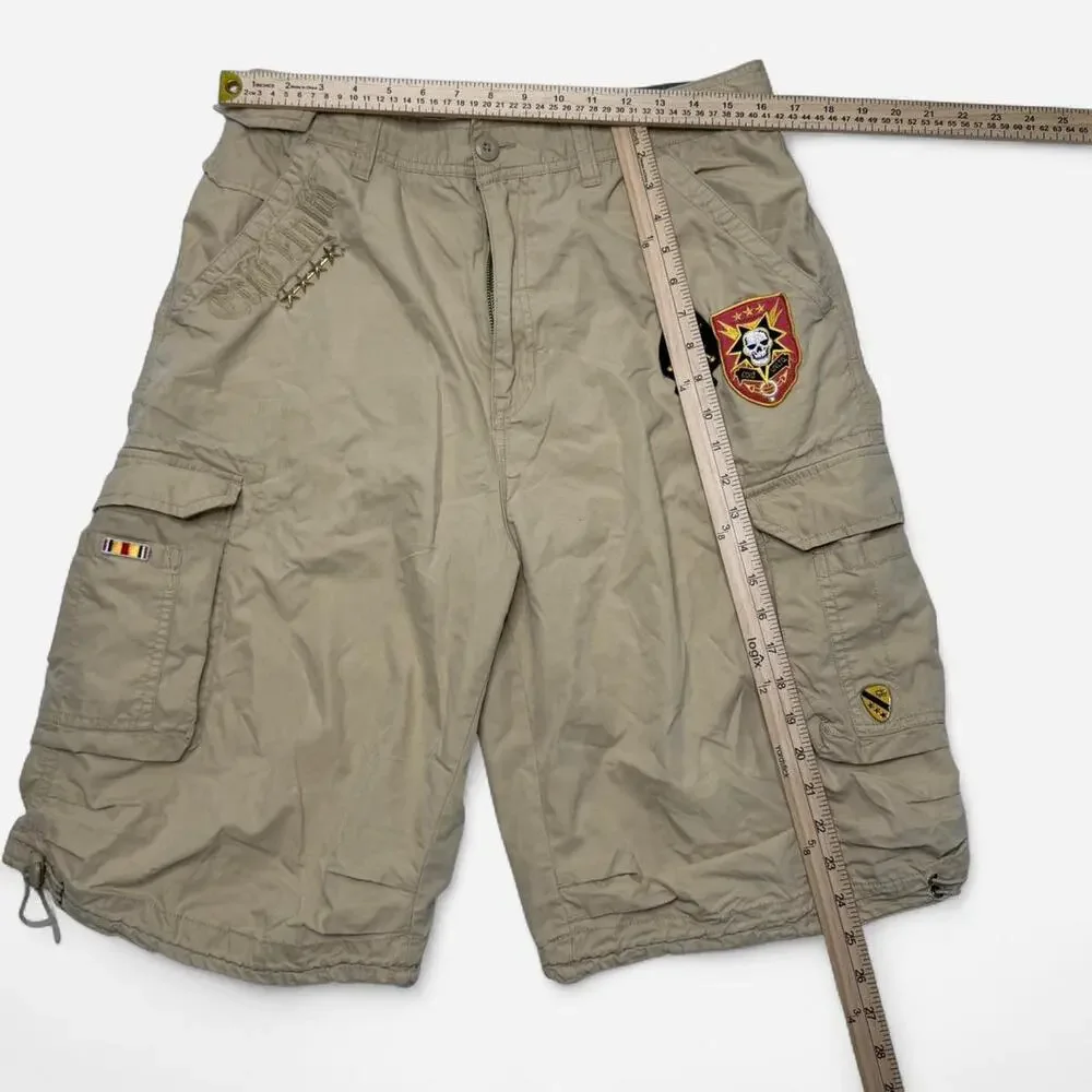 Southpole Y2K Cargo Shorts Tan Embroidered Patches Streetwear Size 32